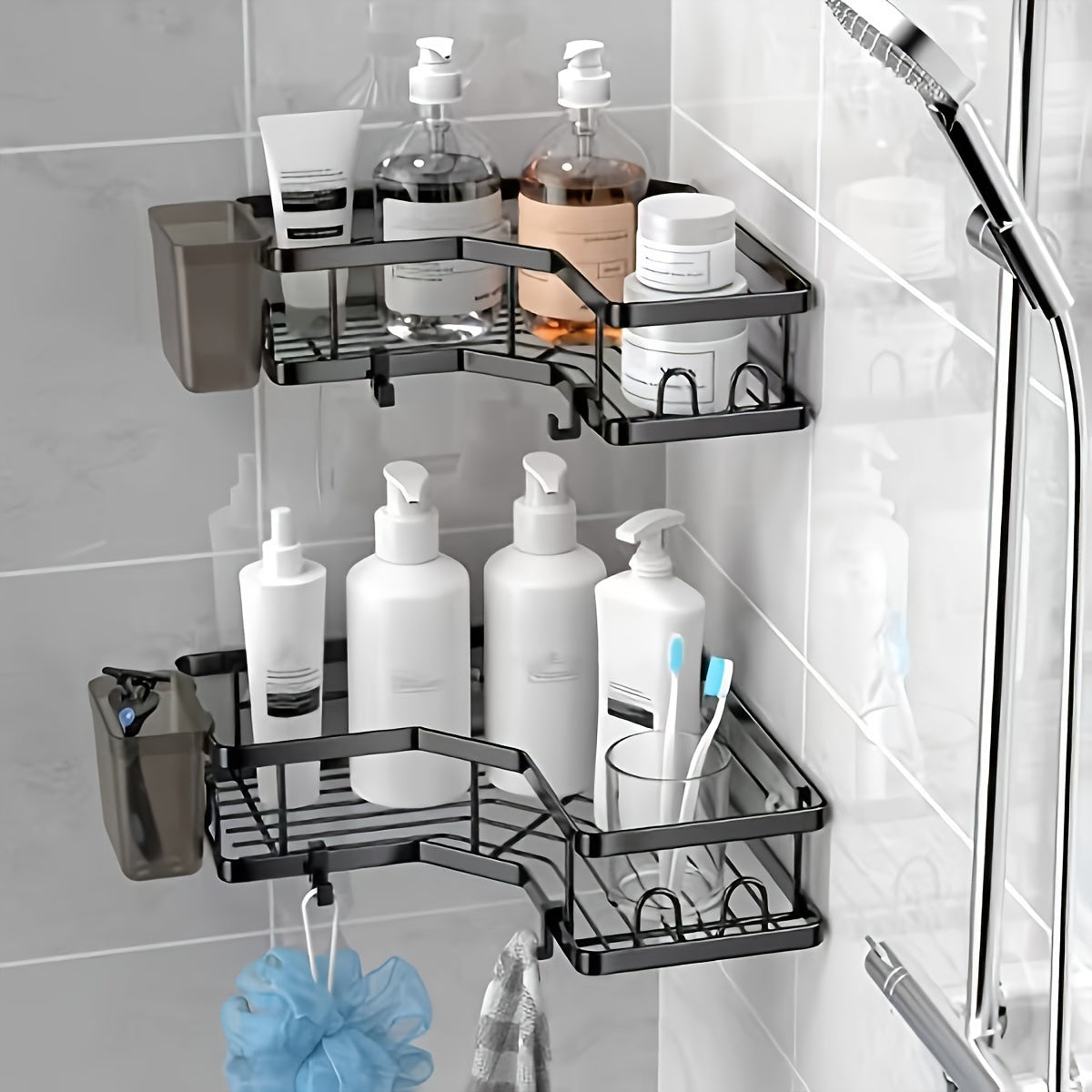 4-Pack Stainless Steel Corner Shower Caddy - Bathroom Shelves with Adhesive Hooks, Toothpaste Holder, and Storage Rack - No Drilling, Easy Install, Space-Saving, and Rust-Resistant for Bathroom, Dorm, and Kitchen - Cosy