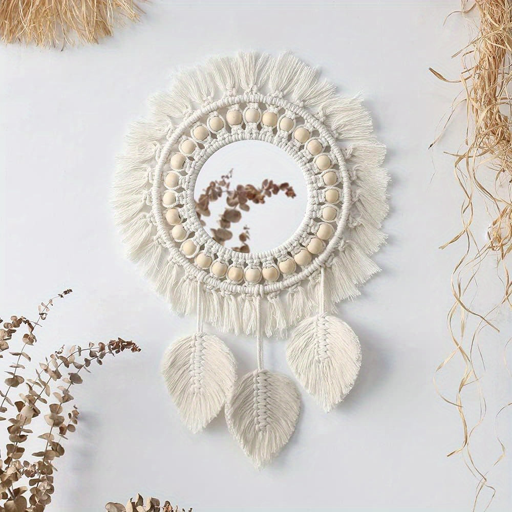 Hanging Wall Mirror - Boho Macrame Fringe Round Decorative Mirror With Beads Feather Pendant, Art Ornament For Apartment Home Bedroom Living Room