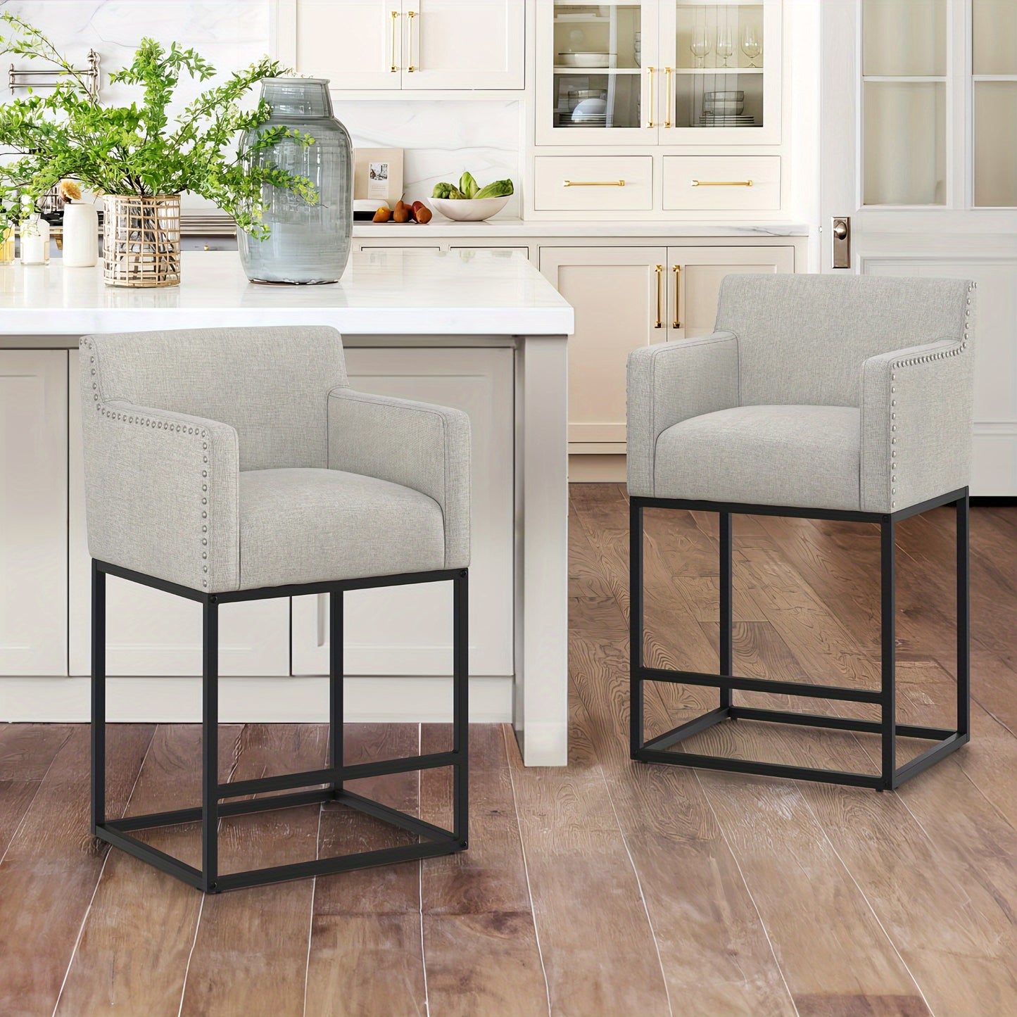 26" Counter Height Bar Stools Set Of 2, Modern Barstools With Open Arms, Gold Metal Frames, Linen Fabric Upholstered Bar Stool For Kitchen Island, Home Bar" "