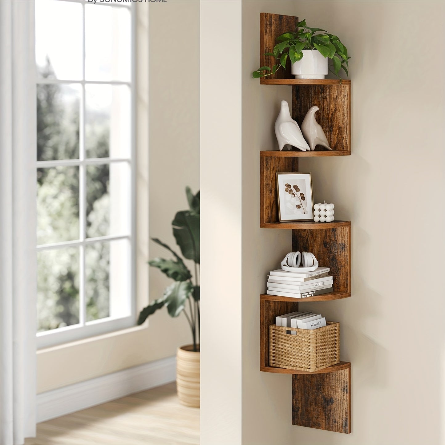 5-Tier Corner Floating Shelf - Space-Saving Wall Mount Bookcase for Bedroom, Living Room, Bathroom, Home Office - Sturdy, Adjustable, Easy Assembly, Rust-Resistant, Modern Design