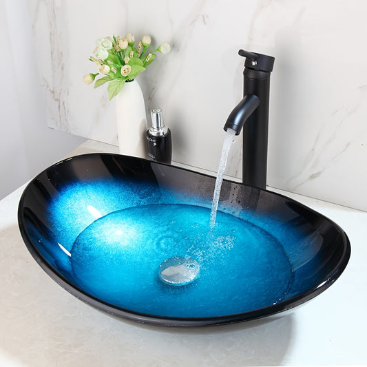 Modern, Chic Blue & Black Oval Vessel Sink Set with Tempered Glass Basin and Black Mixer Tap - Polished Finish, Self-Trimming Edge for Bathroom - Cosy