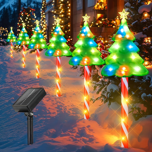 6-Pack 25" Taller Christmas Tree Solar Candy Cane Pathway Decorations, 102 Colorful LED Outdoor Lights, IPX5 Waterproof, Classic Style for Yard Garden, Auto-Charging, 10-12 Hours Working Time, for Christmas, New Year, and General Holidays