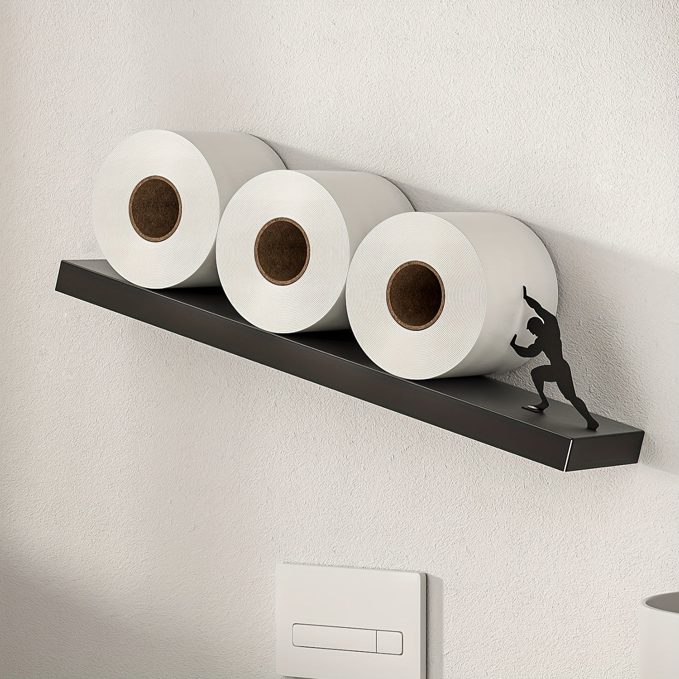 1pc Creative Wooden & Iron Wall-Mounted Toilet Paper Holder with Silhouette Accent, Self-Adhesive, Bathroom Tissue Roll Storage for Home and Kitchen Use - Cosy