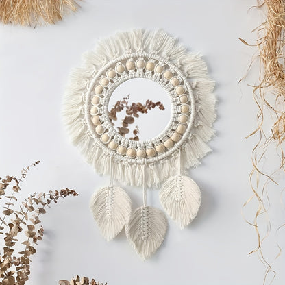 Hanging Wall Mirror - Boho Macrame Fringe Round Decorative Mirror With Beads Feather Pendant, Art Ornament For Apartment Home Bedroom Living Room