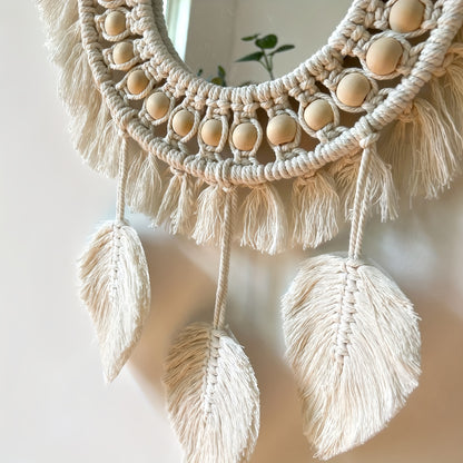 Hanging Wall Mirror - Boho Macrame Fringe Round Decorative Mirror With Beads Feather Pendant, Art Ornament For Apartment Home Bedroom Living Room