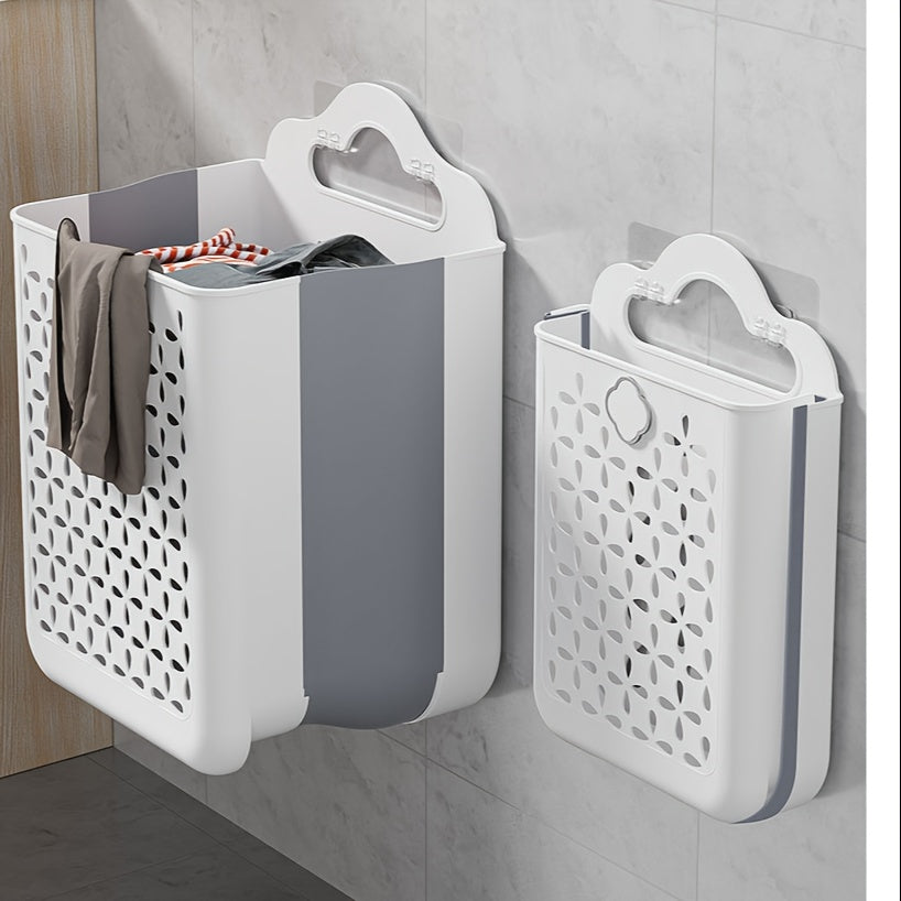 1pc Foldable Laundry Basket - Space-Saving, No-Drilling Required, Wall-Mounted Storage Bin - Modern White & Grey, Durable Plastic, Perfect for Balcony, Laundry Room, or Anywhere You Need Extra Storage for Clothes, Toys, Snacks, Fruits, and More