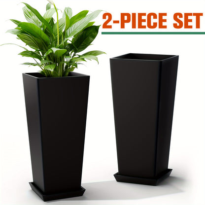 2pcs 24" Large V-Shape Tall Planters - Indoor & Outdoor Flower Pots with Drainage Hole, Tapered Square Design, and Tray for Home Garden Patio