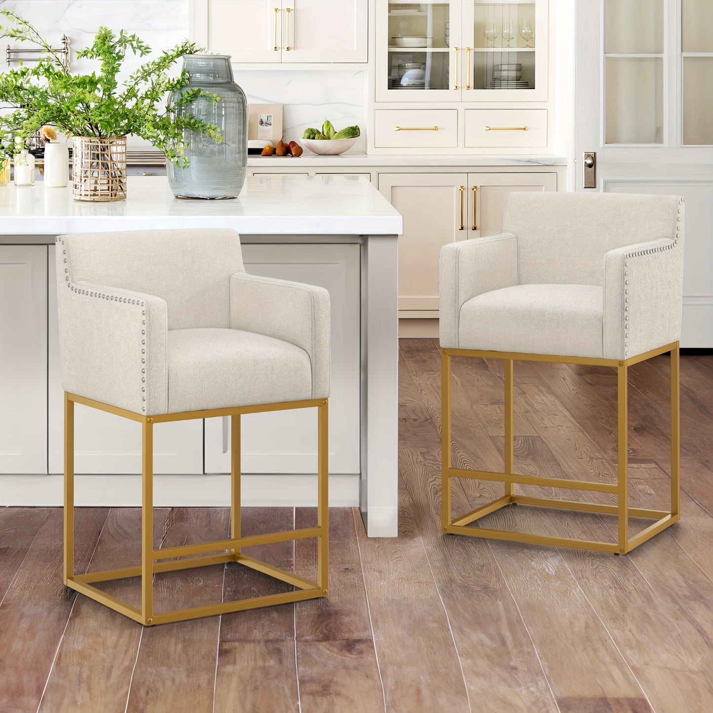 26" Counter Height Bar Stools Set Of 2, Modern Barstools With Open Arms, Gold Metal Frames, Linen Fabric Upholstered Bar Stool For Kitchen Island, Home Bar" "