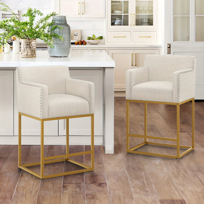 26" Counter Height Bar Stools Set Of 2, Modern Barstools With Open Arms, Gold Metal Frames, Linen Fabric Upholstered Bar Stool For Kitchen Island, Home Bar" "