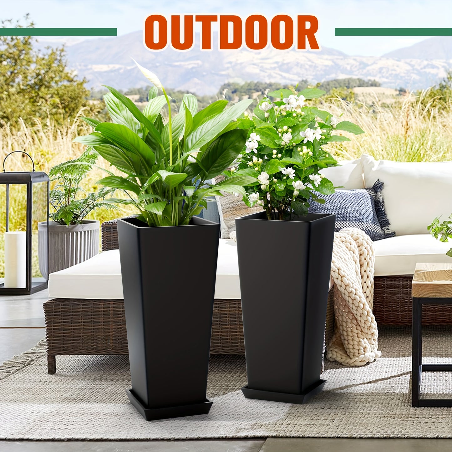 2pcs 24" Large V-Shape Tall Planters - Indoor & Outdoor Flower Pots with Drainage Hole, Tapered Square Design, and Tray for Home Garden Patio