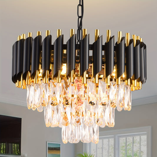 1pc Modern Crystal Chandeliers, 3 Tiers Black And Gold Pendant Light Fixtures, Crystal Ceiling Lamp, Elegant Modern Flush Mount Ceiling Lighting For Bedroom, Hallway, Bar, Living Room, Dining Room, (E12 Lamp Holder, Bulb Not Included)