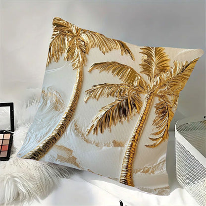 1pc Luxury Golden Palm Tree Pillow, 18x18 Inch Double-Sided Tropical Design, Soft Short Plush Polyester Decorative Cushion for Sofa, Bed, Car - Woven Fabric, No Insert Included