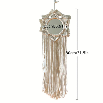 Hanging Wall Mirror - Boho Macrame Fringe Round Decorative Mirror With Beads Feather Pendant, Art Ornament For Apartment Home Bedroom Living Room