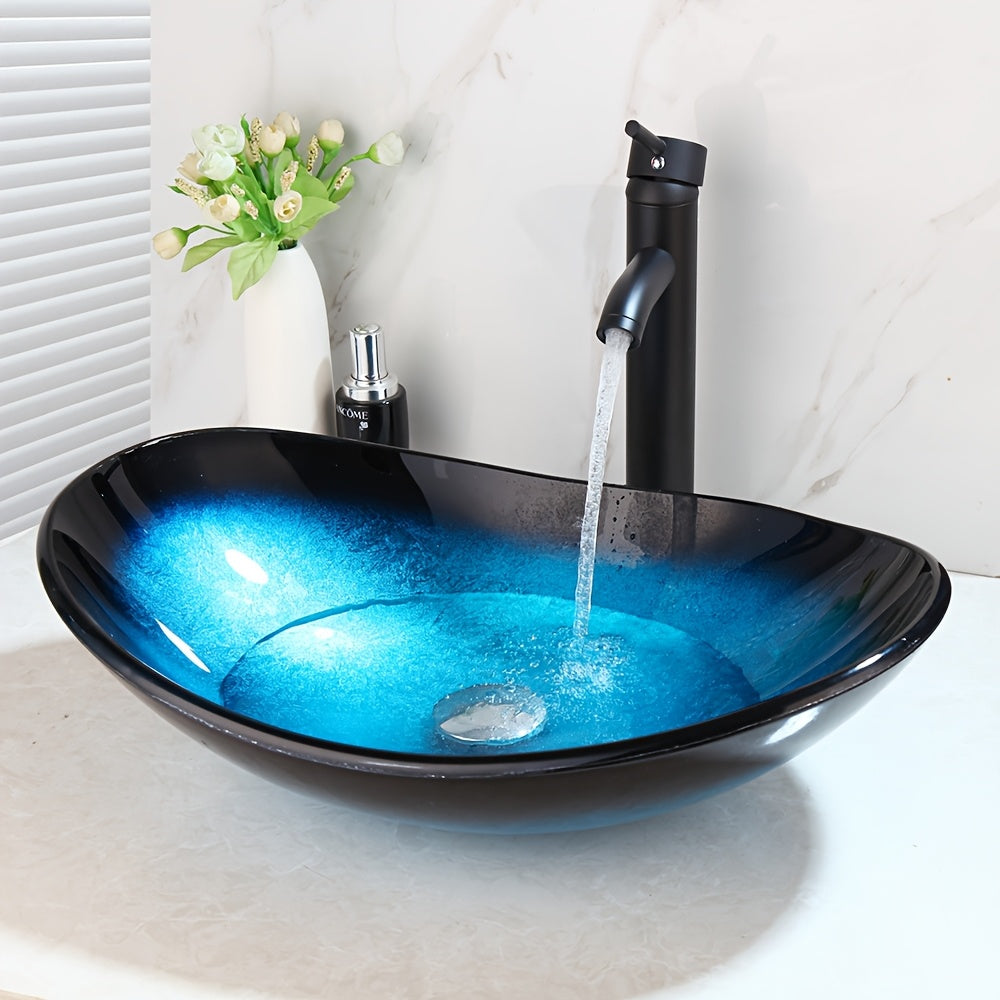 Modern, Chic Blue & Black Oval Vessel Sink Set with Tempered Glass Basin and Black Mixer Tap - Polished Finish, Self-Trimming Edge for Bathroom - Cosy