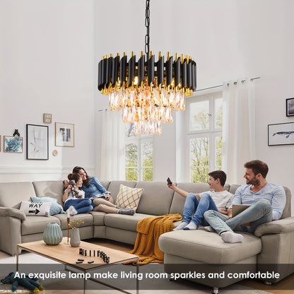 1pc Modern Crystal Chandeliers, 3 Tiers Black And Gold Pendant Light Fixtures, Crystal Ceiling Lamp, Elegant Modern Flush Mount Ceiling Lighting For Bedroom, Hallway, Bar, Living Room, Dining Room, (E12 Lamp Holder, Bulb Not Included)